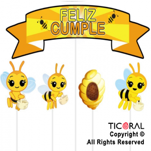 ADORNO PINCHE PARA TORTA FELIZ CUMPLE ABEJITAS x 5 UNIDADES